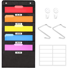 Annecy 10 Pockets Hanging Wall File Organizer, Black Storage Pocket Chart for File Folder and Paper, Space Saver for Office and Classroom, with Wall Hangers, Over The Door Hooks, Labels