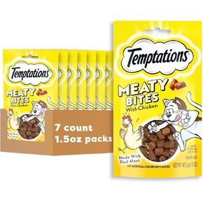 TEMPTATIONS Meaty Bites, Soft and Savory Cat Treats, Chicken Flavor, (7) 1.5 oz. Pouches