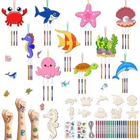 10 عبوات من مجموعة رنين الرياح للأطفال، اصنع حيوانات البحر الخاصة بك رنين الرياح الخشبية DIY تلوين فن الخشب الصيفي والحلي اليدوية للبنين والبنات وحفلات المدرسة والفصول الدراسية لوازم هدايا عيد الميلاد in Kuwait