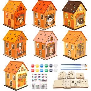 Fennoral 14 Pack Wooden Fall House Craft for Kids Make You Own Fall Animals House DIY Paint Fall Art and Craft for Autumn Art Projiect Thanksgiving Party Decoration