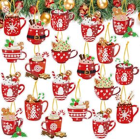 Skylety 20 Pcs Christmas Diamond Painting Ornaments Tags DIY Xmas Hot Cocoa 5d Diamond Art Painting Keychain for Christmas Tree Decor Hanging Handcraft Gift Wrap Tags with Ropes Party Decoration