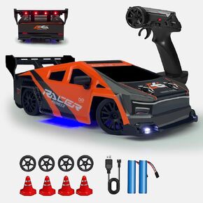 RC Drift Car 2.4GHz 1:24 Scale 4WD High Speed Remote Control Cars Vehicle with LED Lights Two Batteries and Drifting Tires Racing Sport Toy Cars for Adults Boys Girls Kids