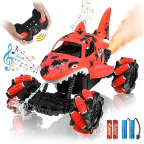 1:14 Shark Toy with Water Shooting Spray, Programming Remote Control Shark, Slides, 360-degree Rotations, Drifts, One-key Demo, Features Lights & Sounds, All Terrains Monster Truck for boys 5-7(Blue)