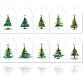120Pcs Christmas Paper Gift Tags with Hemp Rope Watercolor Xmas Tree Tag Pre-Punched with Holes Holiday Plant Favor Tag Hanging Labels, 10 Design