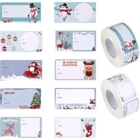 500Pcs Christmas Labels Stickers 6x3cm, 2 Rolls Gift Tags Stickers, Christmas Stickers for Envelopes, Self Adhesive Holiday Stickers, Gifts Stickers for Xmas Presents Bags Cards, 10 Designs