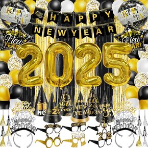 81 Pcs New Years Eve Party Supplies Happy New Year Decorations Kit Includes 36" Large 2025 Foil Ballons, Black Gold Curtains, Banner, Hats, Headbands, Glasses, Tiaras, Balloons Photo Props Party Favor