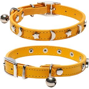 Leather Cat Collars for Boy Girl Cats with Bell and Safety Elastic Belt, Personalized Star and Moon Stud Adjustable Safe Buckle Collar for Kitty Small Big Cats