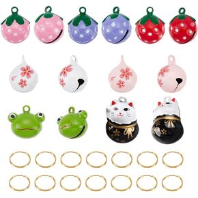 CHGCRAFT 14Pcs 7 Styles Pet Collar Bells Brass Cherry Panda Frog Strawberry Charm Cat Collar Bell Pet Pendant Accessories with Stainless Steel Double Loops Jump Rings for Potty Training