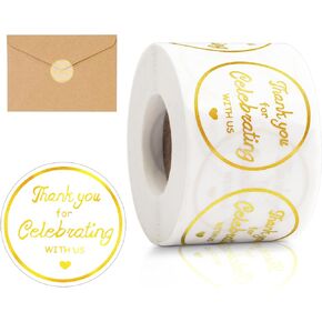 500 PCS Gold Thank You Stickers, Gold Thank You for Celebrating with Us Sticker Envelope Sticker Personalized Transparent Wedding Stickers for Favors, 1.5" Diameter Circle Wedding