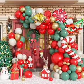 Christmas Balloon Garland Arch Kit, 106 Pcs Sage Green Red Gold Balloon Arch with Bell Candy Cane Santa Claus Foil Balloons Sand White Latex Balloons for New Year Windmill Christmas Party Decorations