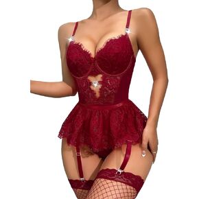 Lilosy Sexy Rhinestones Heart Floral Mesh Lace Sheer Babydoll Lingerie Set