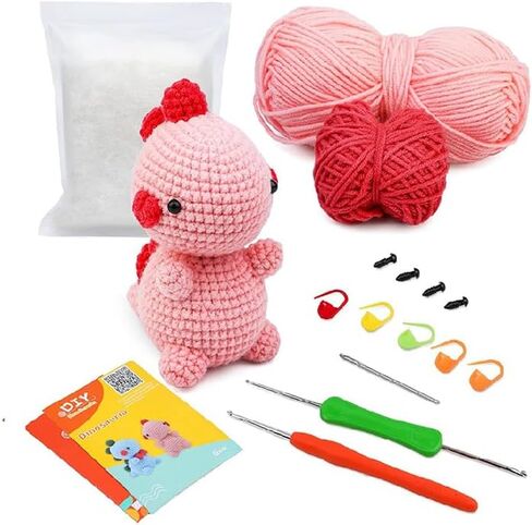 SPOVE Crochet Kit for Beginners, Crochet Starter Kit with Step-by-Step Video Tutorials, Crocheting Kits Crochet Yarn, DIY Knitting Supplies for Adults & Kids, Crochet Kits Model Dinosaur (Pink) in Saudi Arabia