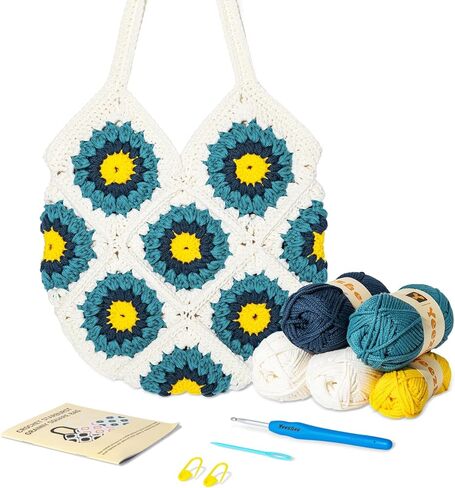 Yeezhee Crochet Kit for Advanced or Intermediate Beginners, Crochet Bag Kit with Step-by-Step Video Tutorials, Granny Square Crochet Tote Bag Set, Knitting Kit Including Yarn, Crochet Hook, Daisy in Kuwait