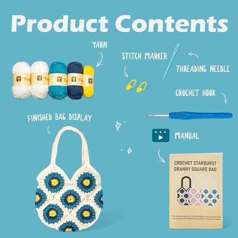 Yeezhee Crochet Kit for Advanced or Intermediate Beginners, Crochet Bag Kit with Step-by-Step Video Tutorials, Granny Square Crochet Tote Bag Set, Knitting Kit Including Yarn, Crochet Hook, Daisy in Kuwait