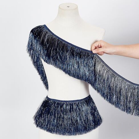 MAYJOYDIY 10Yards × 6Inch Dark Blue Wide Metallic Fringe Trim, Shiny Tinsel Fringe Tinsel Trim Tassel Polyester Ribbon Trim for Dance Costume Dress Stage Clothes Party Decor DIY in Saudi Arabia
