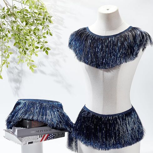 MAYJOYDIY 10Yards × 6Inch Dark Blue Wide Metallic Fringe Trim, Shiny Tinsel Fringe Tinsel Trim Tassel Polyester Ribbon Trim for Dance Costume Dress Stage Clothes Party Decor DIY in Saudi Arabia