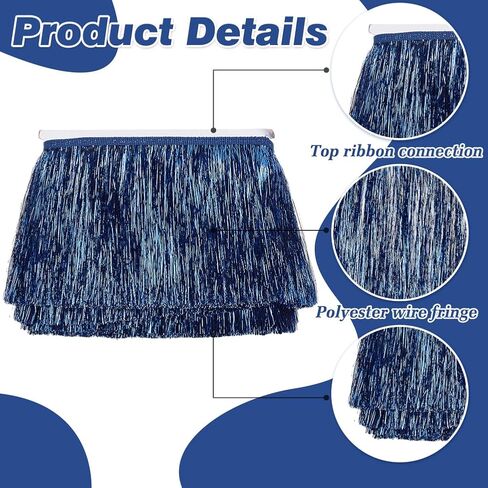 MAYJOYDIY 10Yards × 6Inch Dark Blue Wide Metallic Fringe Trim, Shiny Tinsel Fringe Tinsel Trim Tassel Polyester Ribbon Trim for Dance Costume Dress Stage Clothes Party Decor DIY in Saudi Arabia