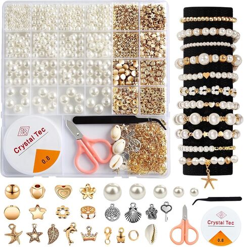 1200Pcs Pearl Beads for Bracelets, Bracelet Making Kit for Adults, Kids Friendship Bracelet Kits, Jewelry Making Kit with String and Charms for Girls Teens DIY Pearls Kit for Bracelet Necklace Earring in Saudi Arabia