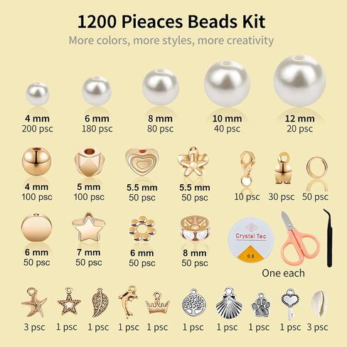 1200Pcs Pearl Beads for Bracelets, Bracelet Making Kit for Adults, Kids Friendship Bracelet Kits, Jewelry Making Kit with String and Charms for Girls Teens DIY Pearls Kit for Bracelet Necklace Earring in Saudi Arabia