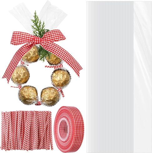 Dunzoom 100 Sets 2 x 24 Christmas Cellophane Treat Bags Candy Lei Making Kit with Ribbon Candy Loop Candy Lei Tubing and 3.5" Twist Tie for Christmas Party Favors, Candy Wrapping Gifts(Black) in Saudi Arabia