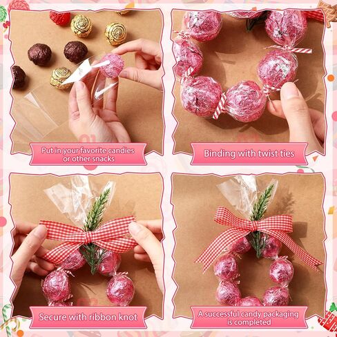 Dunzoom 100 Sets 2 x 24 Christmas Cellophane Treat Bags Candy Lei Making Kit with Ribbon Candy Loop Candy Lei Tubing and 3.5" Twist Tie for Christmas Party Favors, Candy Wrapping Gifts(Black) in Saudi Arabia