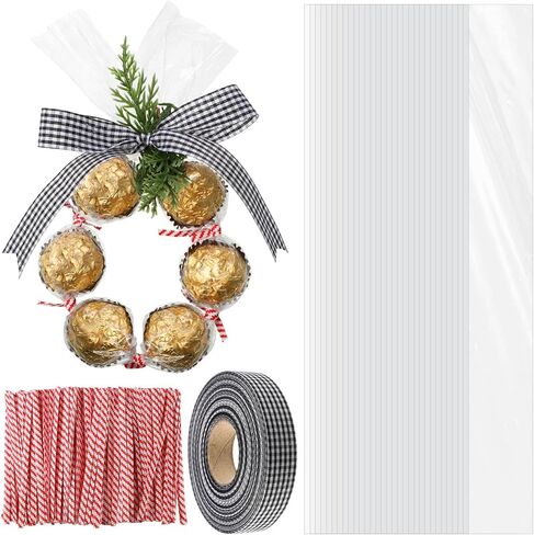 Dunzoom 100 Sets 2 x 24 Christmas Cellophane Treat Bags Candy Lei Making Kit with Ribbon Candy Loop Candy Lei Tubing and 3.5" Twist Tie for Christmas Party Favors, Candy Wrapping Gifts(Black) in Saudi Arabia