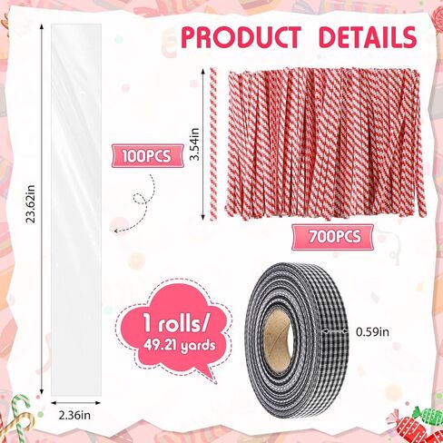 Dunzoom 100 Sets 2 x 24 Christmas Cellophane Treat Bags Candy Lei Making Kit with Ribbon Candy Loop Candy Lei Tubing and 3.5" Twist Tie for Christmas Party Favors, Candy Wrapping Gifts(Black) in Saudi Arabia