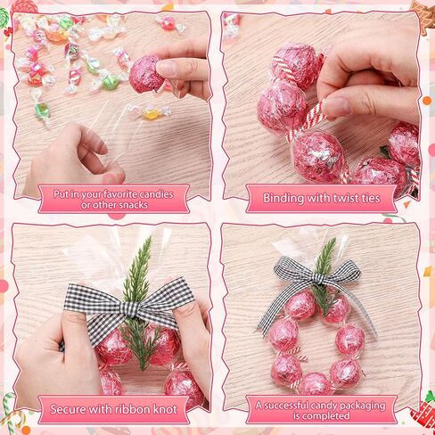 Dunzoom 100 Sets 2 x 24 Christmas Cellophane Treat Bags Candy Lei Making Kit with Ribbon Candy Loop Candy Lei Tubing and 3.5" Twist Tie for Christmas Party Favors, Candy Wrapping Gifts(Black) in Saudi Arabia