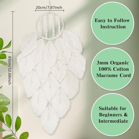 PLIGREAT White Macrame Dream Catchers مع مجموعة أوراق الشجر DIY Macrame Kit مع فيديو تعليمات كبير بوهو ديكور معلق على الحائط لغرفة النوم وغرفة المعيشة والحضانة وديكور الزفاف وديكور المنزل هدية عيد ميلاد in Saudi Arabia