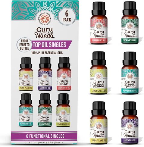 GuruNanda Essential Oils Set for Diffusers, 100% Pure, Aromatherapy, Massage, Candle & Soap Making Lavender, Peppermint, Eucalyptus, Grapefruit, Lemongrass, Ylang Ylang 0.33 Fl Oz (Pack of 6) in Saudi Arabia