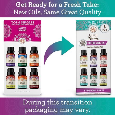 GuruNanda Essential Oils Set for Diffusers, 100% Pure, Aromatherapy, Massage, Candle & Soap Making Lavender, Peppermint, Eucalyptus, Grapefruit, Lemongrass, Ylang Ylang 0.33 Fl Oz (Pack of 6) in Saudi Arabia