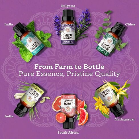 GuruNanda Essential Oils Set for Diffusers, 100% Pure, Aromatherapy, Massage, Candle & Soap Making Lavender, Peppermint, Eucalyptus, Grapefruit, Lemongrass, Ylang Ylang 0.33 Fl Oz (Pack of 6) in Saudi Arabia