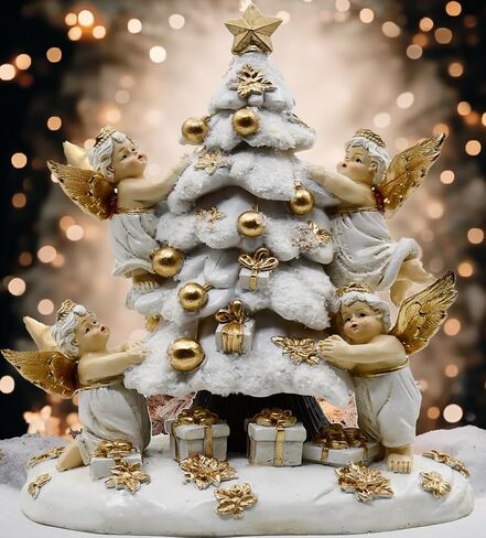 Christmas Tree with Gifts Statue Decorated by Angels, Holiday Decor, Mantel or Table Figurine, 8 Inches (Green, Red and Gold) in Saudi Arabia