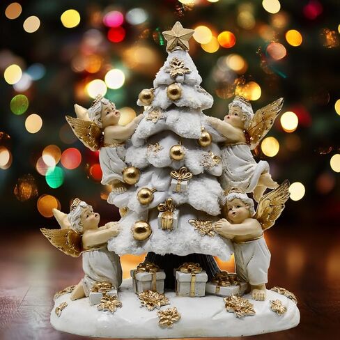Christmas Tree with Gifts Statue Decorated by Angels, Holiday Decor, Mantel or Table Figurine, 8 Inches (Green, Red and Gold) in Saudi Arabia