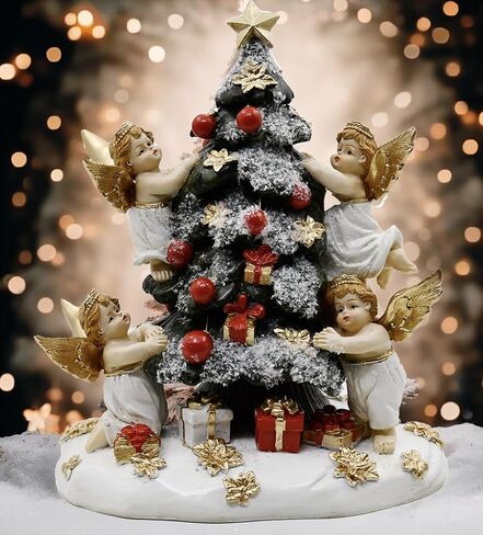 Christmas Tree with Gifts Statue Decorated by Angels, Holiday Decor, Mantel or Table Figurine, 8 Inches (Green, Red and Gold) in Saudi Arabia
