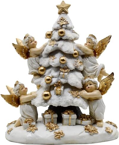 Christmas Tree with Gifts Statue Decorated by Angels, Holiday Decor, Mantel or Table Figurine, 8 Inches (Green, Red and Gold) in Saudi Arabia