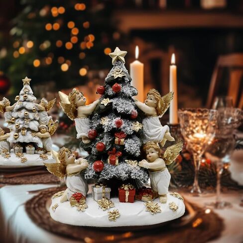 Christmas Tree with Gifts Statue Decorated by Angels, Holiday Decor, Mantel or Table Figurine, 8 Inches (Green, Red and Gold) in Saudi Arabia