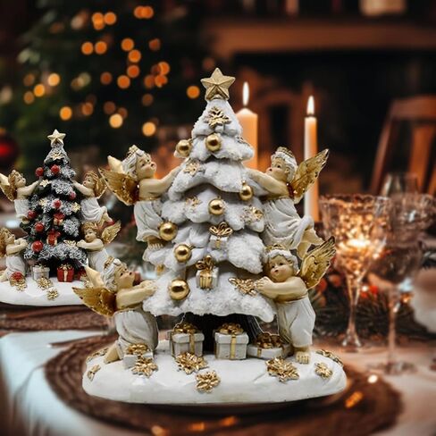 Christmas Tree with Gifts Statue Decorated by Angels, Holiday Decor, Mantel or Table Figurine, 8 Inches (Green, Red and Gold) in Saudi Arabia