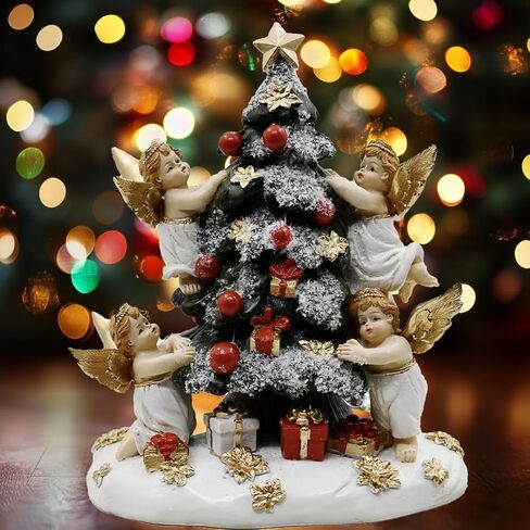 Christmas Tree with Gifts Statue Decorated by Angels, Holiday Decor, Mantel or Table Figurine, 8 Inches (Green, Red and Gold) in Saudi Arabia