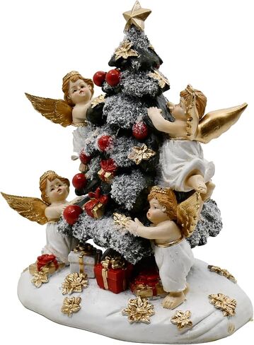 Christmas Tree with Gifts Statue Decorated by Angels, Holiday Decor, Mantel or Table Figurine, 8 Inches (Green, Red and Gold) in Saudi Arabia