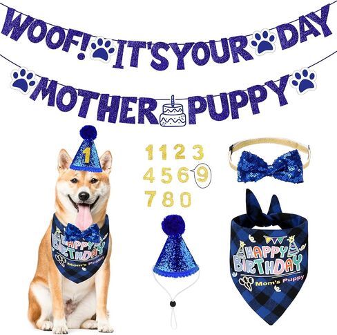 Dog Birthday Party Supplies, Boys Dog Birthday Headscarf Sets, Dog Bow Tie, Birthday Banner, Scarf and Digital Hat, Suitable for Small and Medium Large Dog in Saudi Arabia