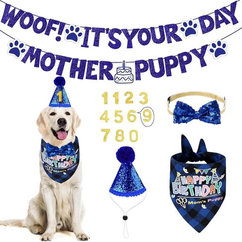 Dog Birthday Party Supplies, Boys Dog Birthday Headscarf Sets, Dog Bow Tie, Birthday Banner, Scarf and Digital Hat, Suitable for Small and Medium Large Dog in Saudi Arabia