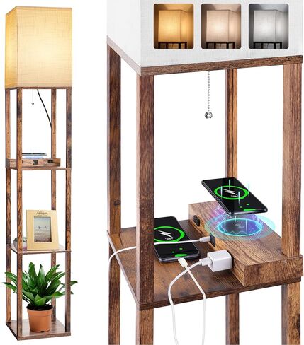 مصباح أرضي من Dott Arts مع أرفف، ومصباح رف مع شاحن لاسلكي ومنافذ USB A+C ومنفذي تيار متردد، و3 مصابيح أرضية طويلة الأمد بزاوية درجة حرارة اللون لغرفة المعيشة وغرفة النوم والمكتب (بني) in Kuwait