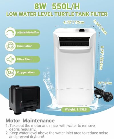 Turtle Tank Filter 8W 560L/H Adjustable Water Flow, Aquarium Filter for Low Water Level Tank, Turtle Filter Quiet Waterfall Fish Tank Filter for 10-30 GAL. (Black) in Saudi Arabia