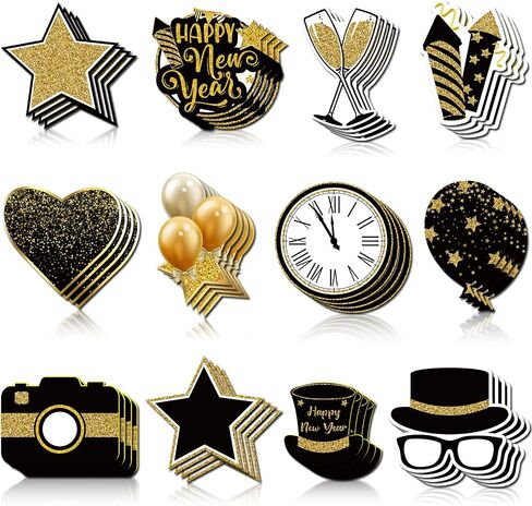 60 Pcs Happy New Year Classroom Bulletin Border Decoration Cutouts Magician's Hat Cutouts Camera Balloon Star Clock Cutouts Happy New Year Cutouts for School Chalkboard New Year Party Wall in Saudi Arabia