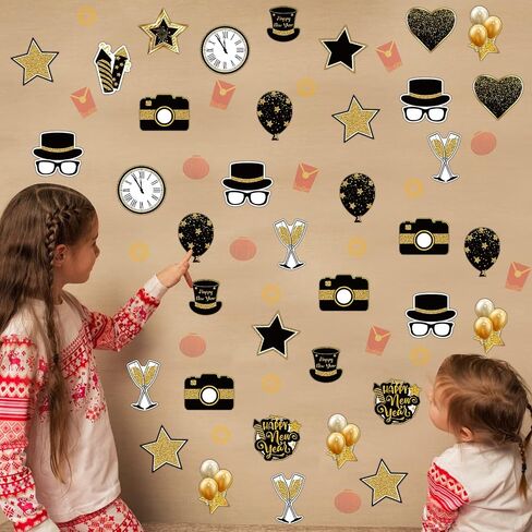 60 Pcs Happy New Year Classroom Bulletin Border Decoration Cutouts Magician's Hat Cutouts Camera Balloon Star Clock Cutouts Happy New Year Cutouts for School Chalkboard New Year Party Wall in Saudi Arabia