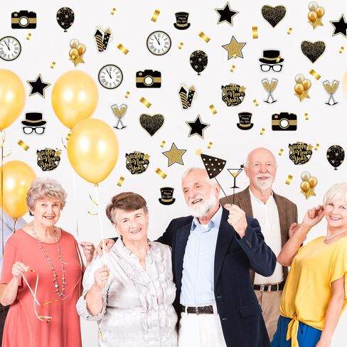 60 Pcs Happy New Year Classroom Bulletin Border Decoration Cutouts Magician's Hat Cutouts Camera Balloon Star Clock Cutouts Happy New Year Cutouts for School Chalkboard New Year Party Wall in Saudi Arabia