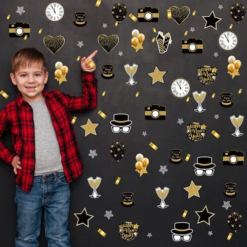 60 Pcs Happy New Year Classroom Bulletin Border Decoration Cutouts Magician's Hat Cutouts Camera Balloon Star Clock Cutouts Happy New Year Cutouts for School Chalkboard New Year Party Wall in Saudi Arabia