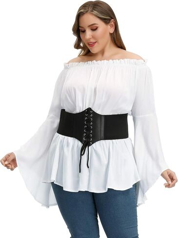 Hanna Nikole Womens Plus Size Renaissance Blouse Off Shoulder Trumpet Sleeve Peasant Tops in Kuwait