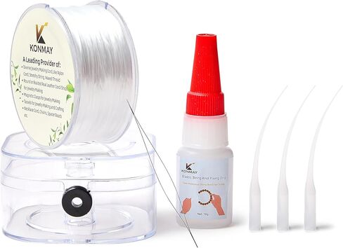 KONMAY 0.6mm Crystal Elastic String Bracelet Making Kit-Includes 1 Roll Clear Stretchy Beading Cord, Clear Bracelet Glue for Elastic Knot Fixing Drip, Beading Needles in Kuwait